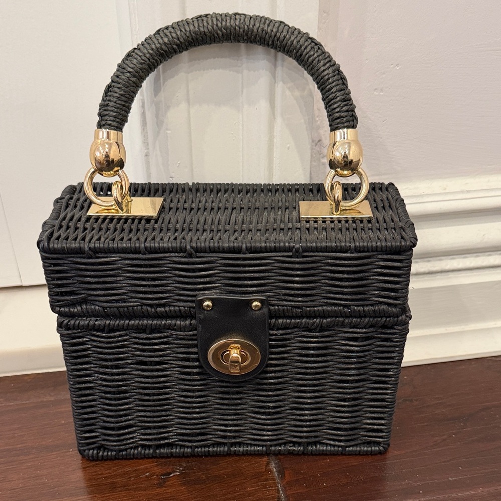 Zara Black Woven Ratan Handbag